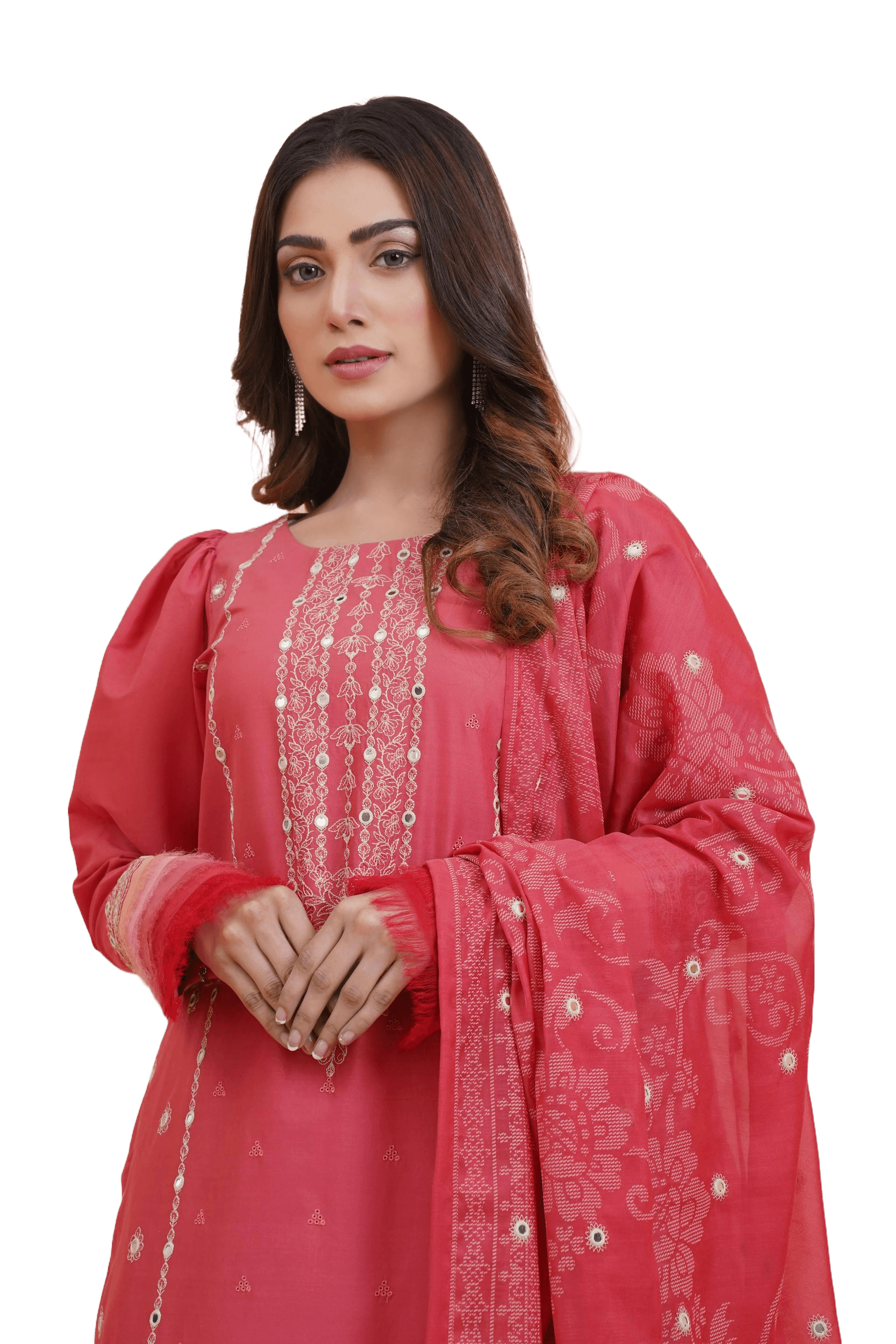 Girl standing wearing red traditional dress.
